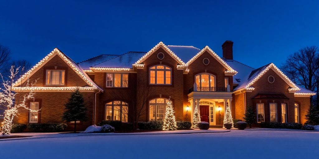 Christmas lights on a grand home.