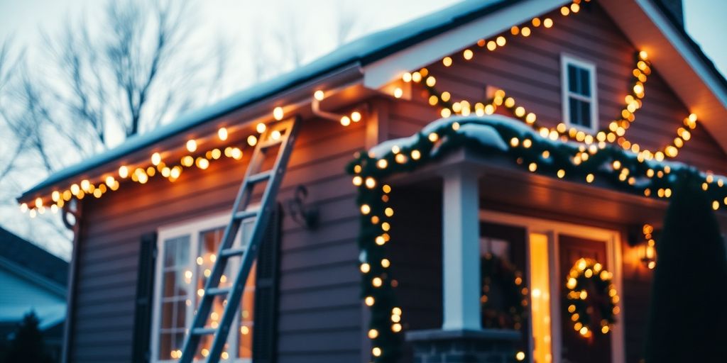 Professionals installing Christmas lights on a house
