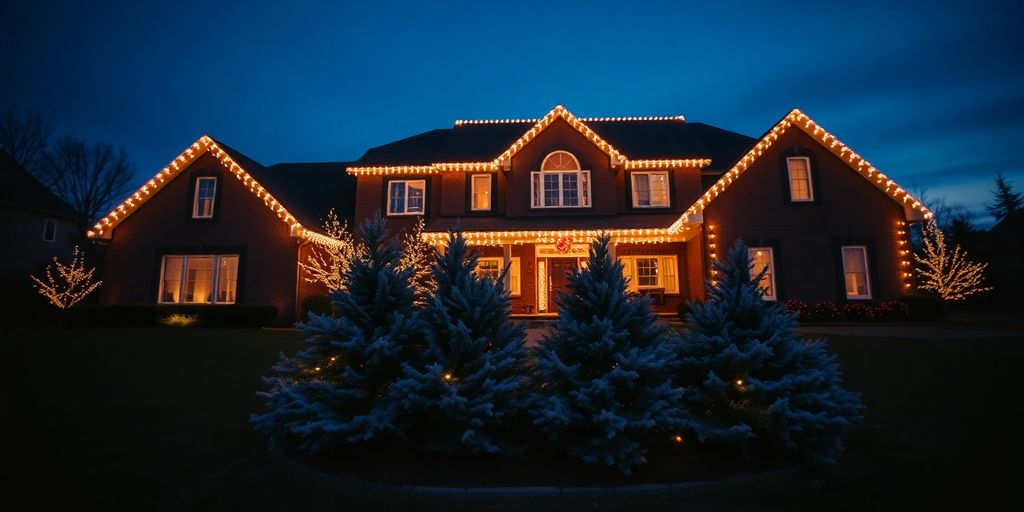 Professionally installed Christmas lights on a large home.
