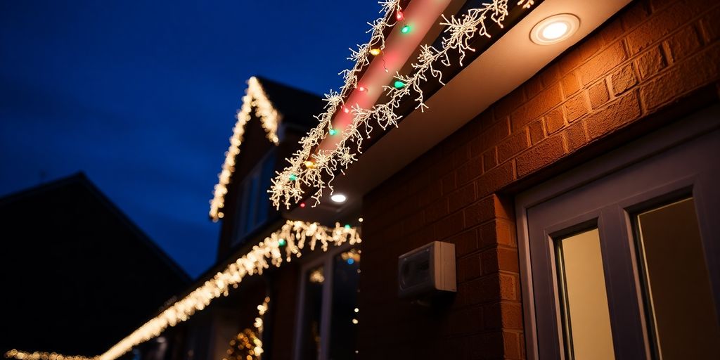 Decorated home with Christmas lights at dusk.