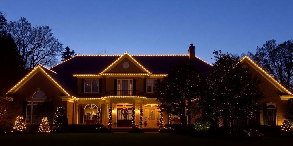 Ladue home with festive Christmas lights at dusk.