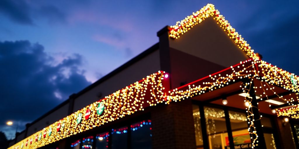 Commercial building covered in vibrant Christmas lights