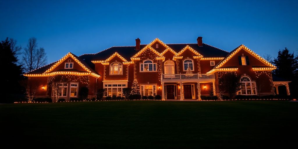 Residential house adorned with bright Christmas lights.