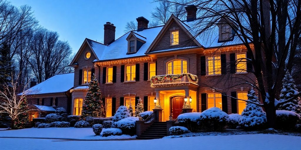 Ladue home, Christmas lights, snow