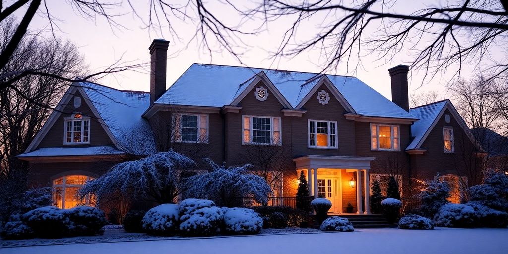 Elegant home, permanent Christmas lights, snowy Ladue night.