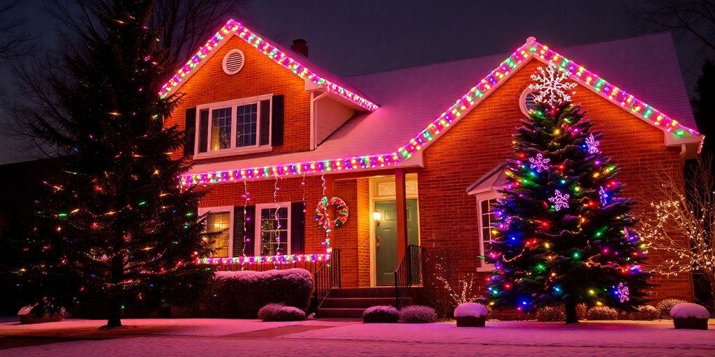 Twinkling Christmas lights on a snowy house.