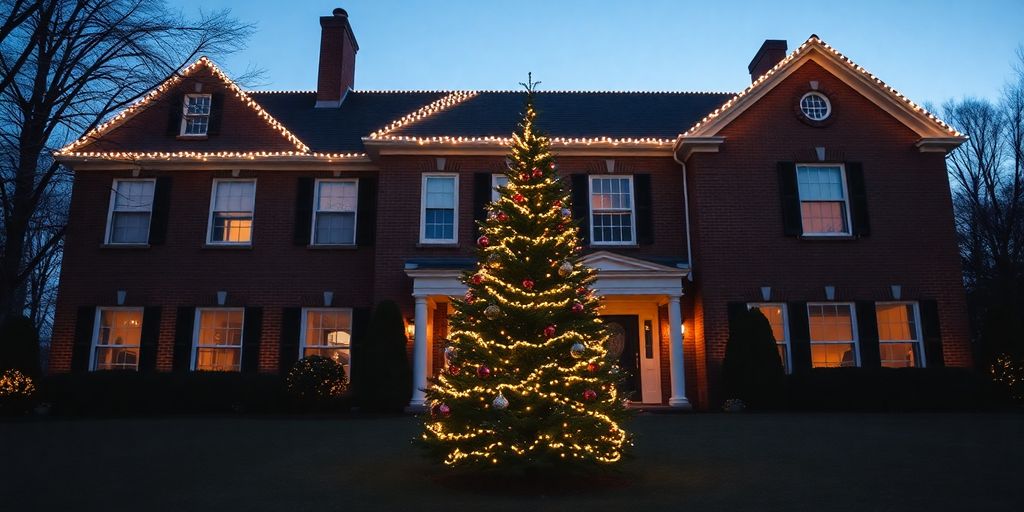 Professionally installed Christmas lights on a large home.