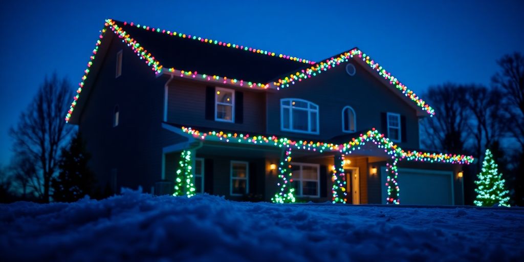 Decorated home with many lights.