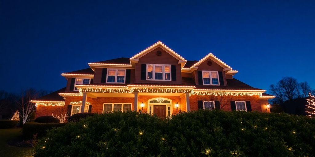 Professionally installed Christmas lights on a large home