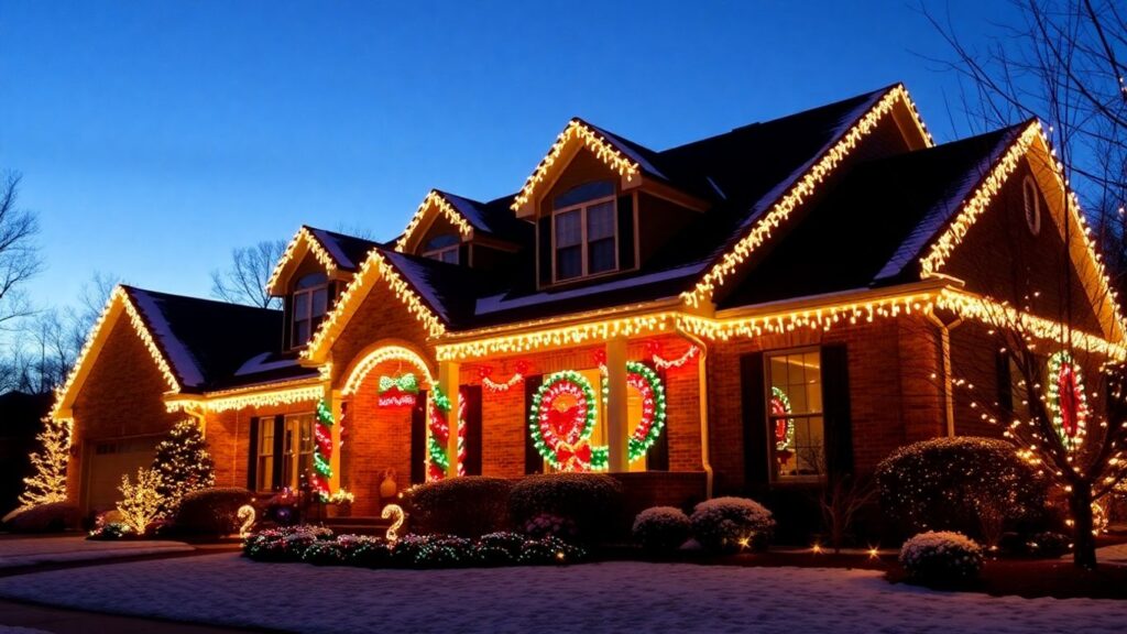 House with permanent Christmas lights in Creve Coeur at dusk