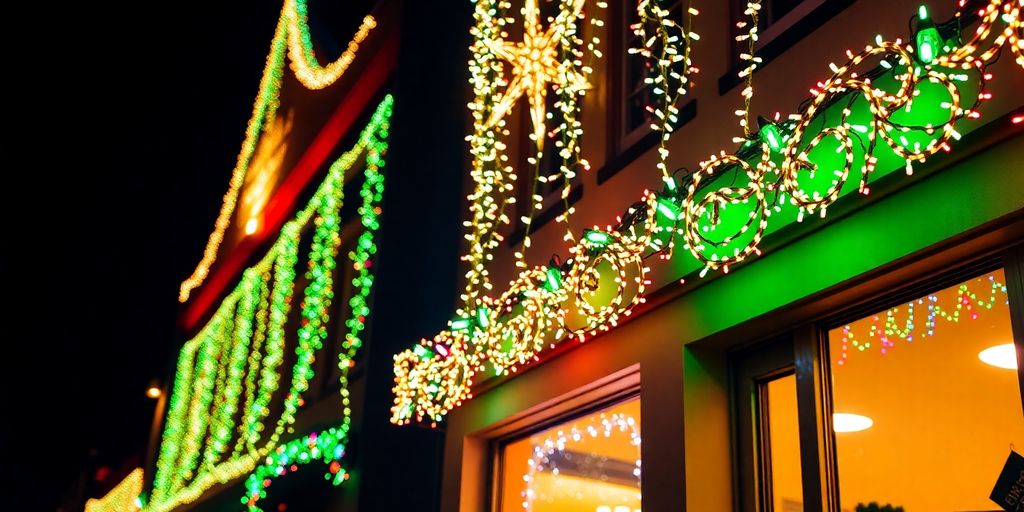Festive Christmas lights illuminating a commercial building exterior.