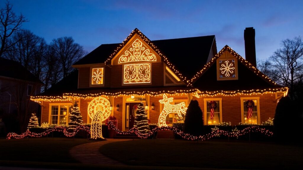 Creve Coeur house decorated with colorful Christmas lights.