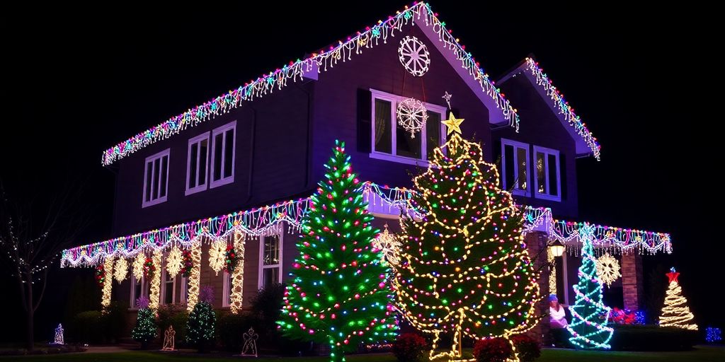 Festive house illuminated by bright Christmas lights.