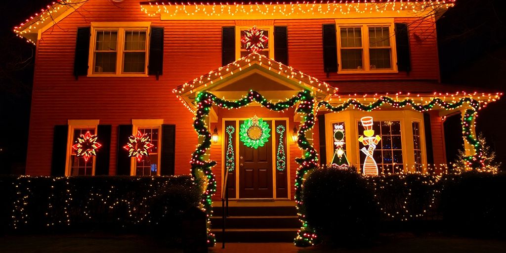 Beautiful permanent Christmas lights on a house.