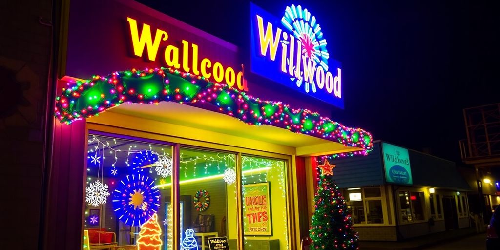 Festively illuminated storefront with colorful commercial Christmas lights.