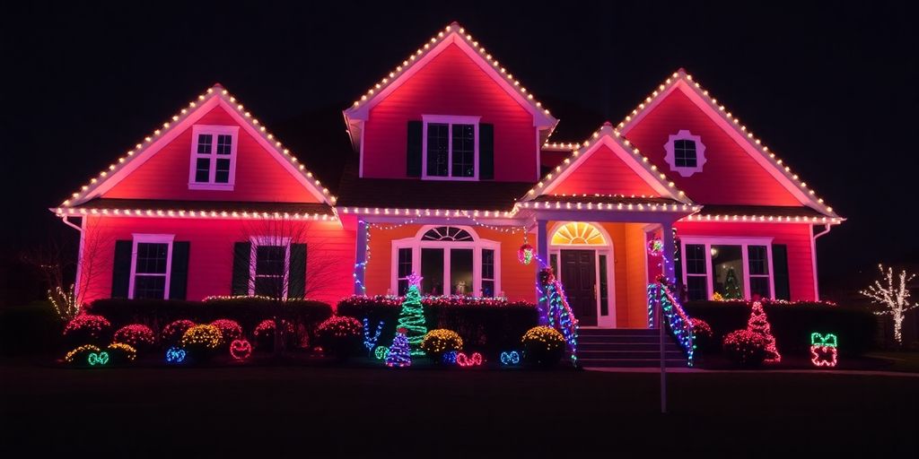 Permanent Christmas lights illuminate a Wildwood home at night.