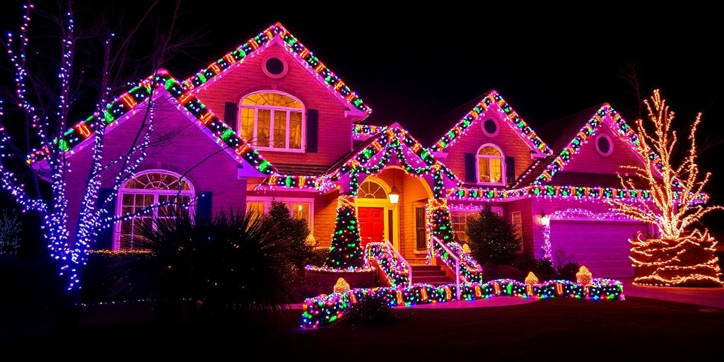 House illuminated with colorful Christmas lights at night.