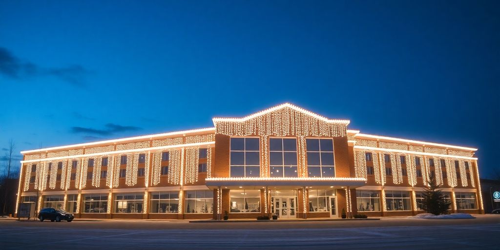 Bright commercial Christmas lights on building.