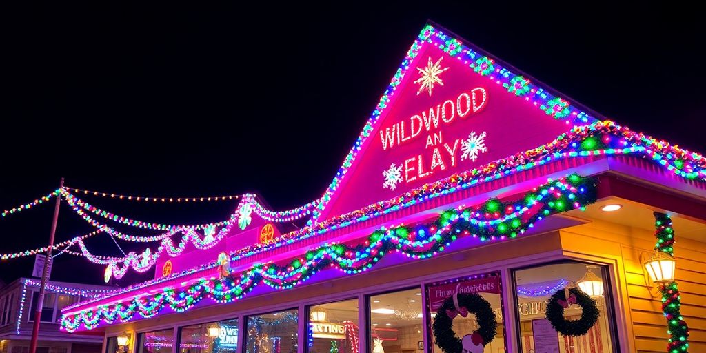 Festive Christmas lights illuminating a Wildwood building.