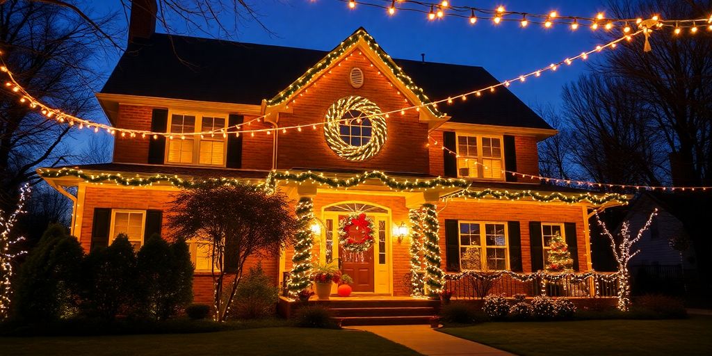 Bright Christmas lights illuminating a house exterior.