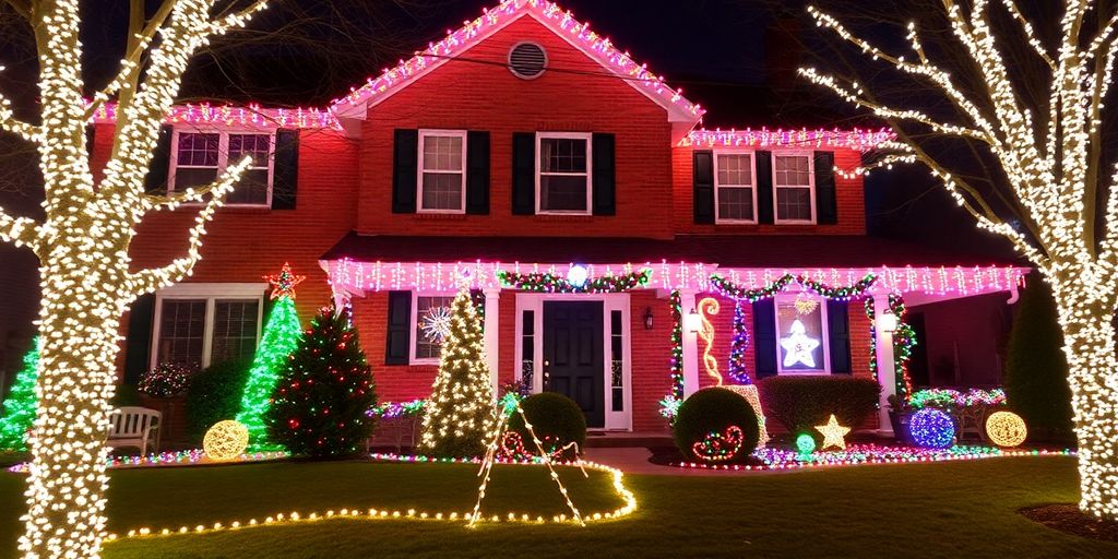 Chesterfield house decorated with Christmas lights.