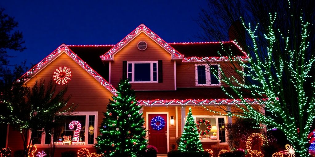 Home exterior decorated with colorful Christmas lights.