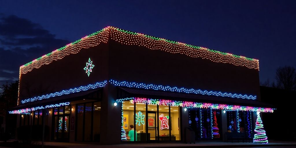 Commercial Christmas lights illuminating a building at night.