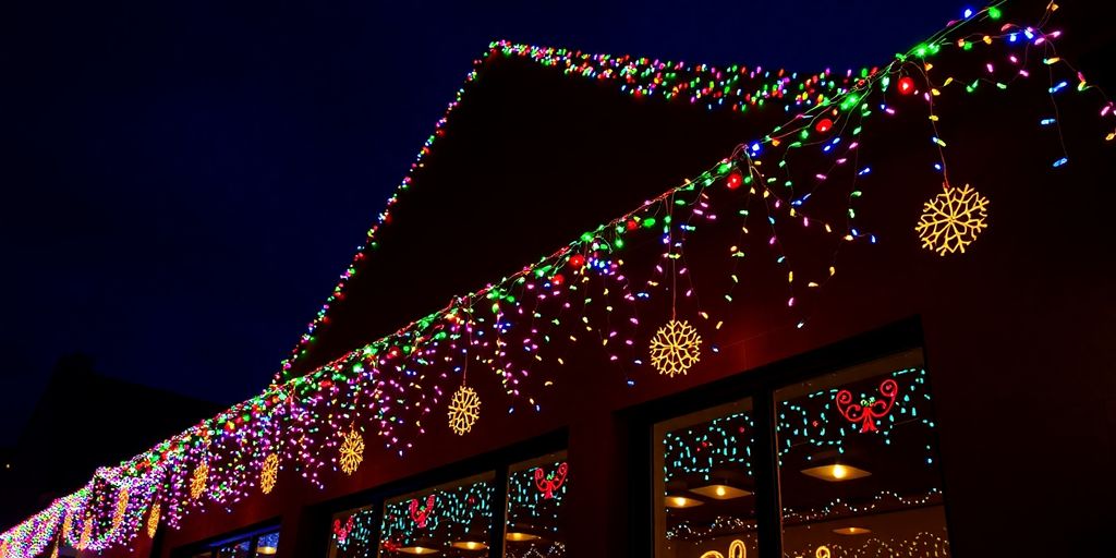 Festive commercial Christmas lights illuminating a building exterior.