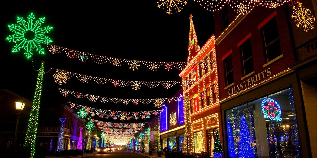 Chesterfield town center illuminated by festive Christmas lights.
