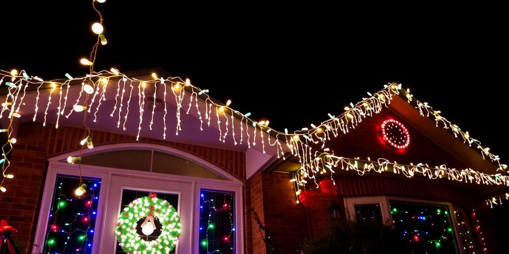 Decorated home with many bright Christmas lights