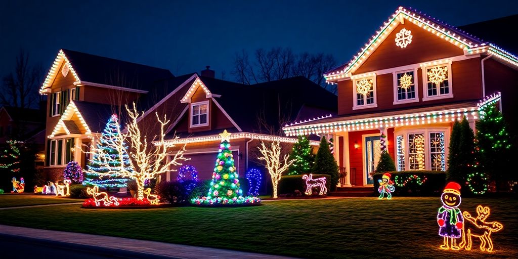 Chesterfield homes adorned with festive permanent Christmas lights.