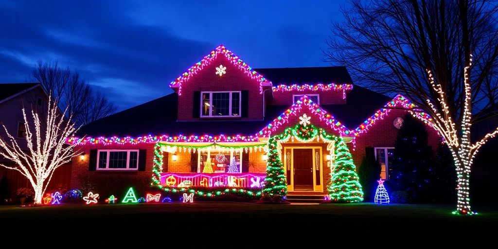 Clayton home illuminated by festive Christmas lights.