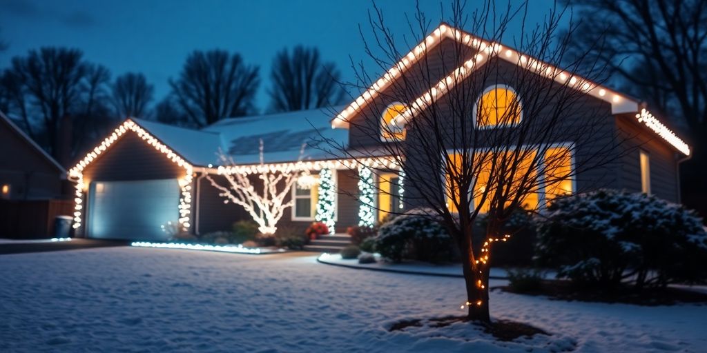 Suburban house decorated with Christmas lights at dusk.