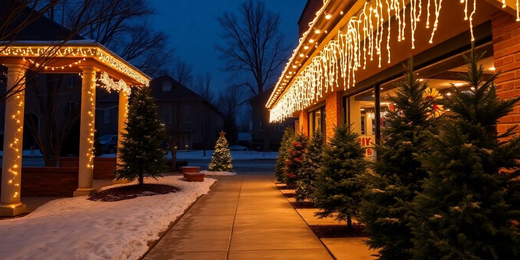 Storefront in Frontenac outlined with warm white commercial Christmas lights