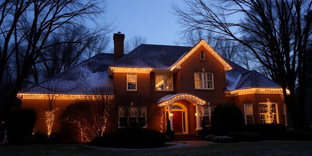 Suburban home with permanent Christmas lights.