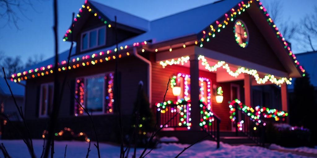 Decorated home with lit Christmas lights
