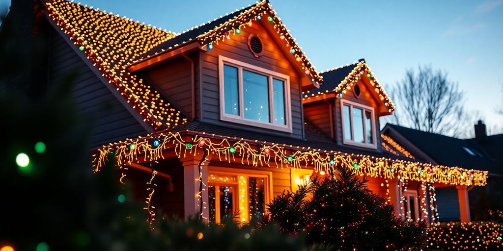 Decorated home with glistening Christmas lights