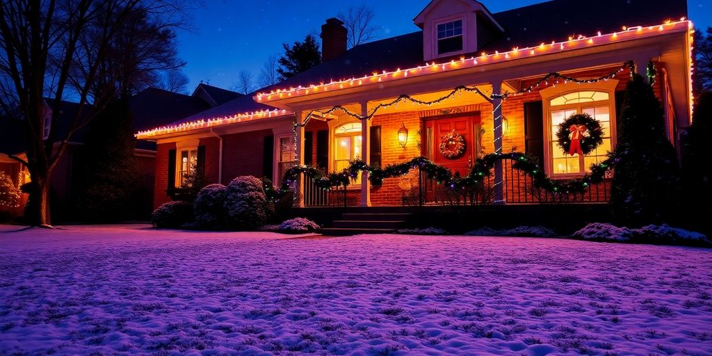 Suburban Frontenac home roofline glowing with colorful holiday lights, snow.