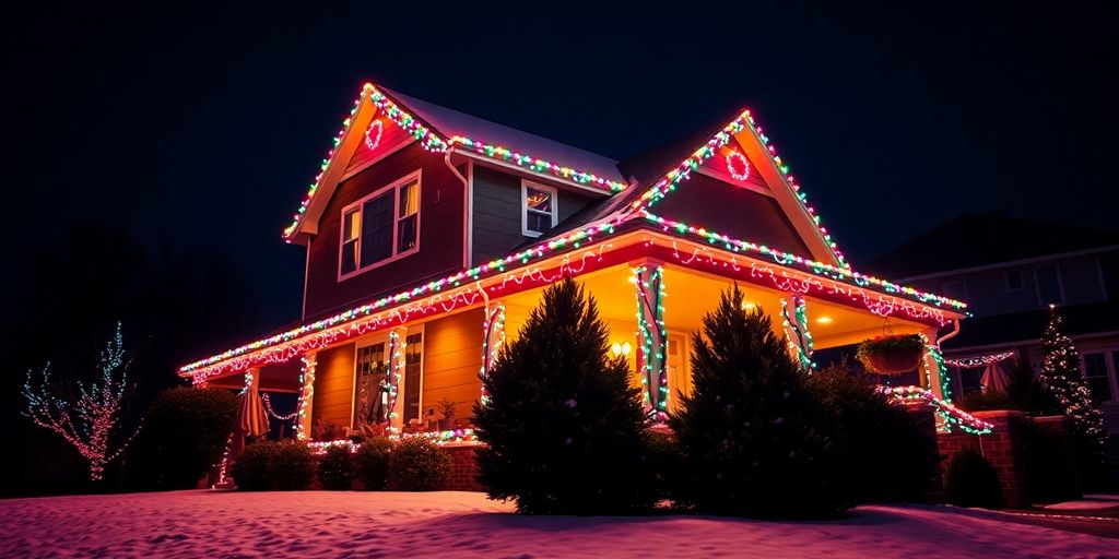 Decorated home at night