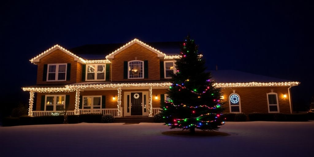 Professionally installed Christmas lights adorn a large house.