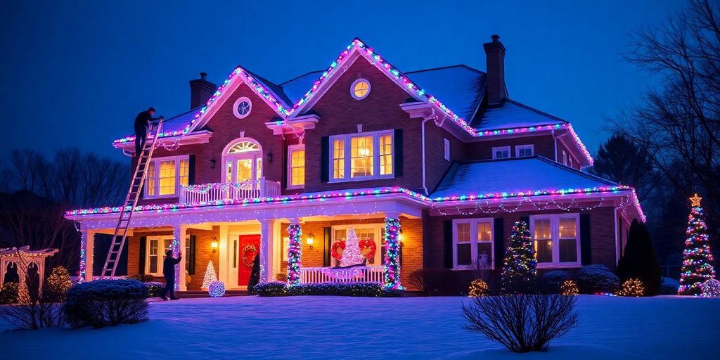 Professionals installing Christmas lights on a large home.