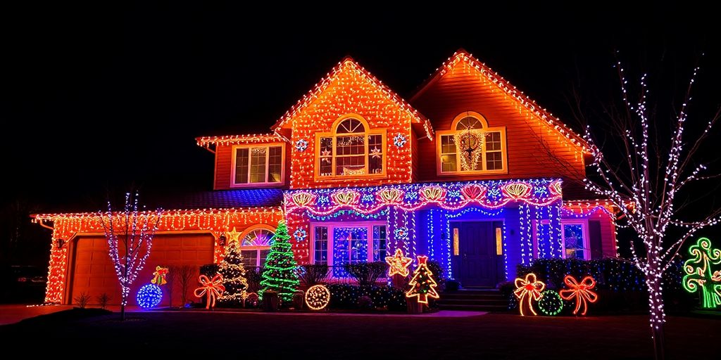 Dazzling Christmas lights on a house exterior.