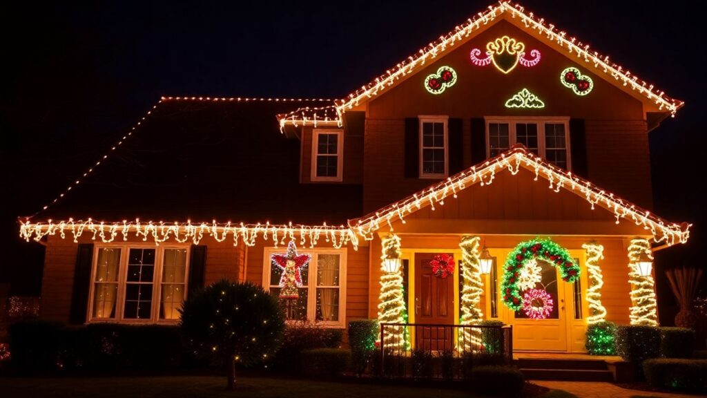 House decorated with bright Christmas lights at night.