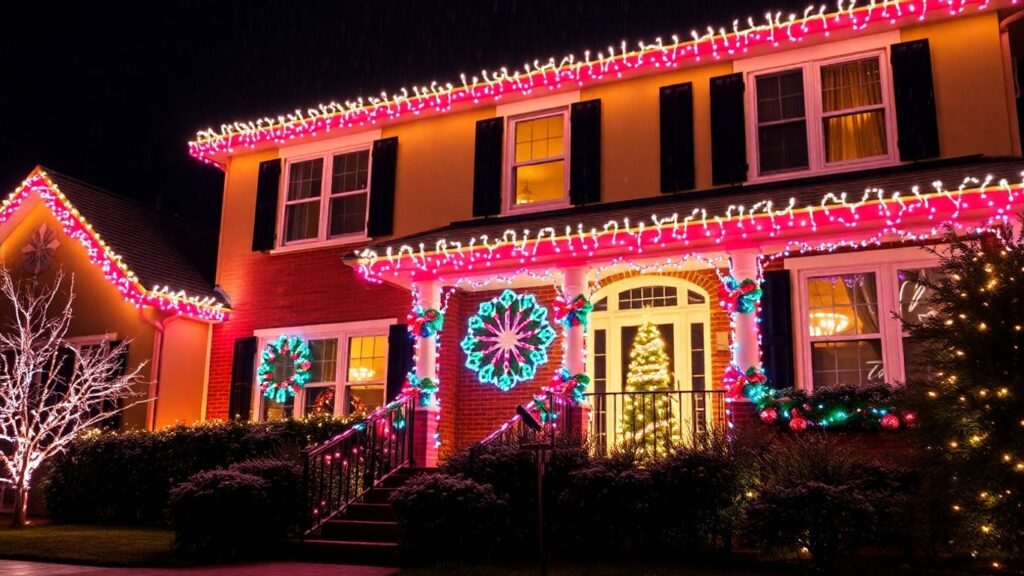 Festive house with permanent Christmas lights glowing warmly.