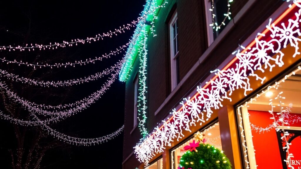 Kirkwood building illuminated with bright, colorful Christmas lights.