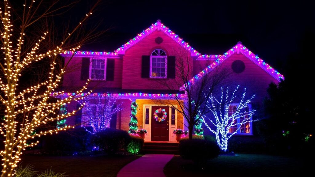 Kirkwood home decorated with colorful Christmas lights at night.