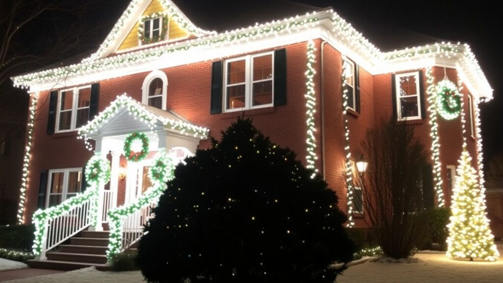 Kirkwood home with permanent Christmas lights glowing warmly.