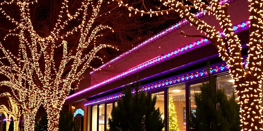 Commercial Christmas lights decorating a building and trees.