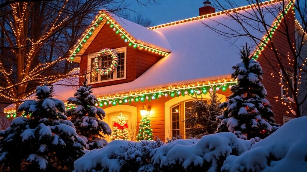 Kirkwood house decorated with bright Christmas lights.