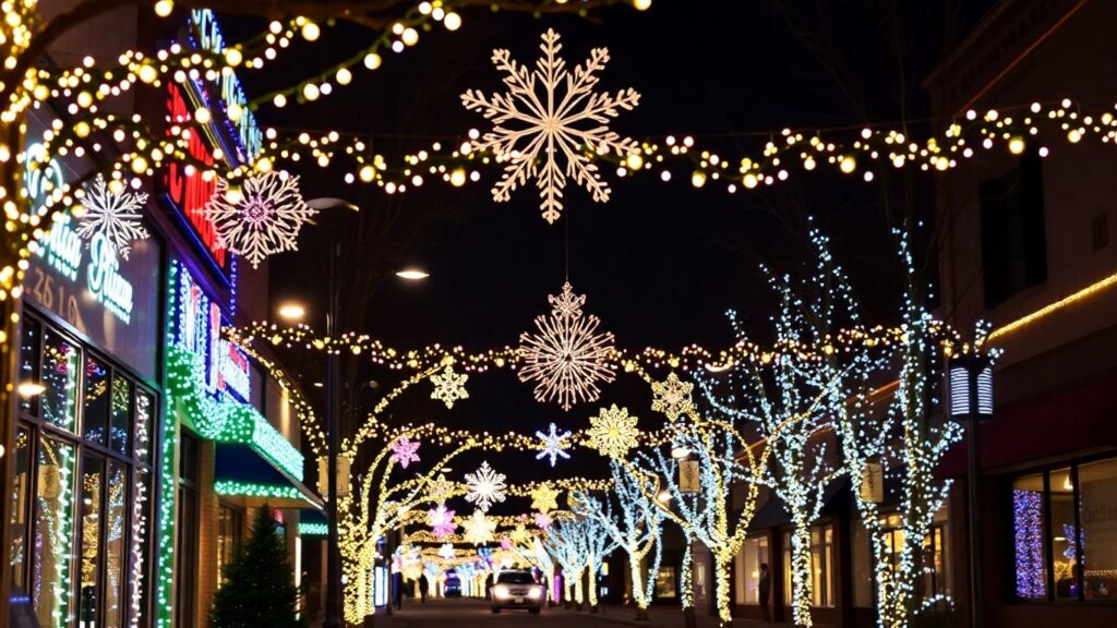 Kirkwood commercial Christmas lights display at night.